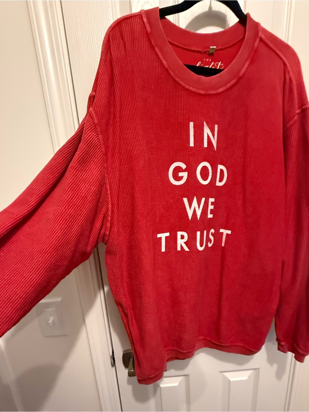 Red "In God We Trust" Corduroy Sweatshirt The Light Blonde 4th Large